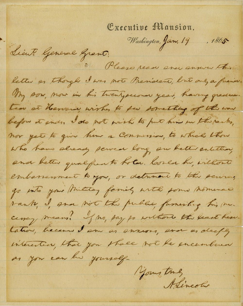 Lincoln Asks General Grant as a Friend, for a Favor: Find a Place for His Son, Robert, on His Staff