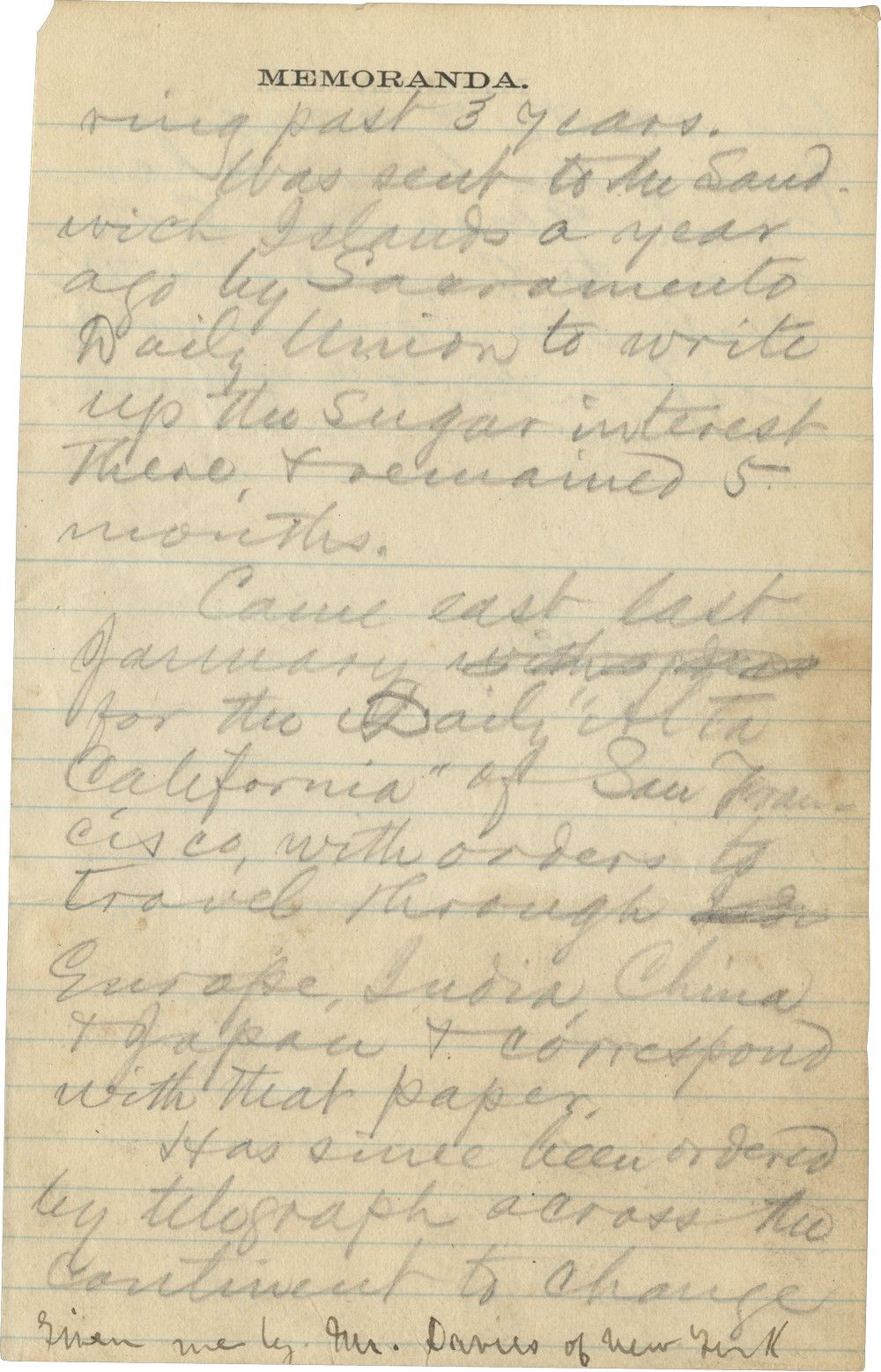 Manuscript from Mark Twain's Missing 1867 Notebook, Announcing His Intention to Travel Abroad