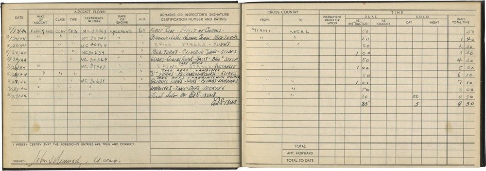 Rare, Seemingly Singular Evidence, That John F. Kennedy Knew How to Fly: His 1944 Flight Logbook
