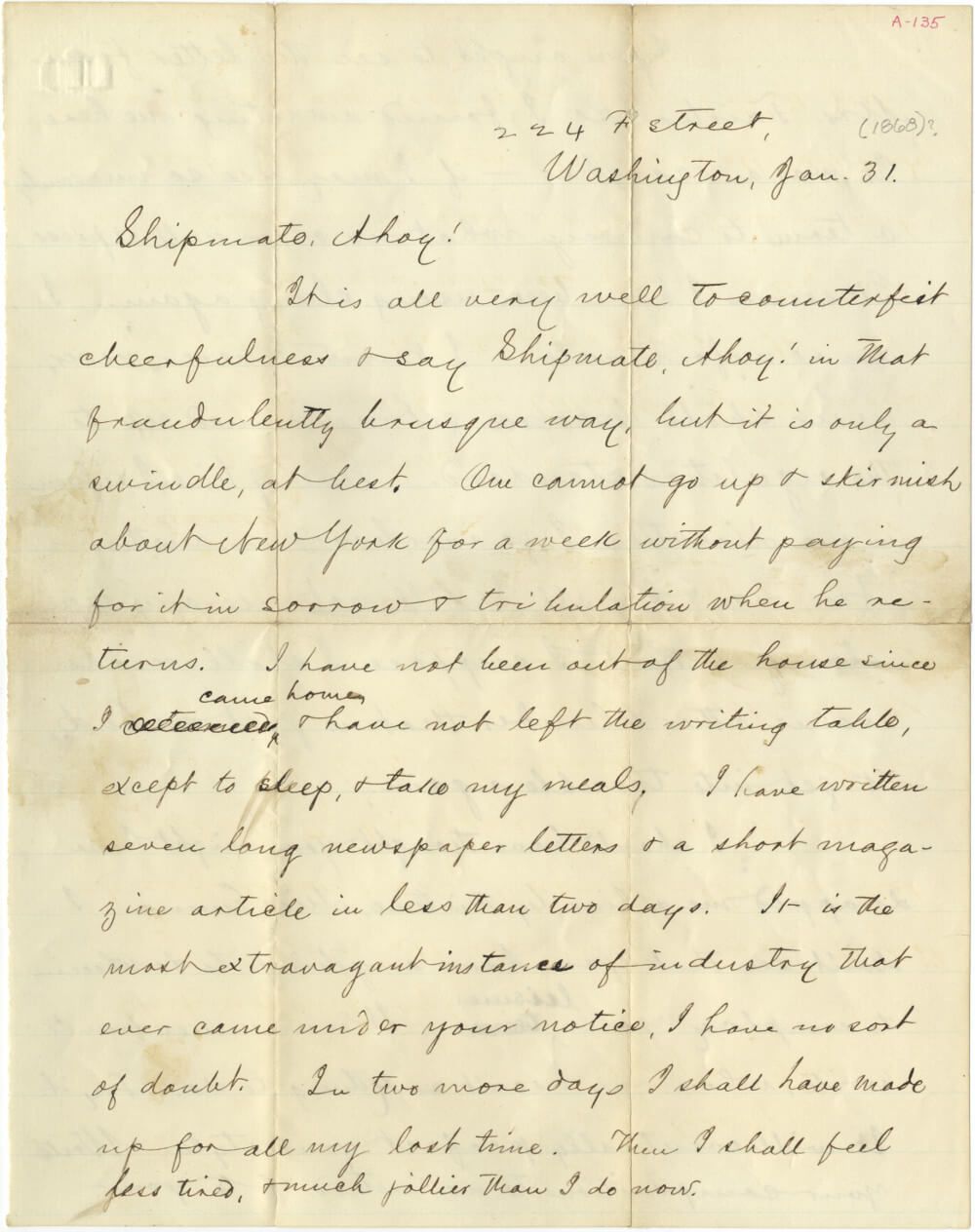 Twain Asks His Young "Quaker City" Shipmate & Favorite, Emma Beach, For Help With His Articles About the Voyage 