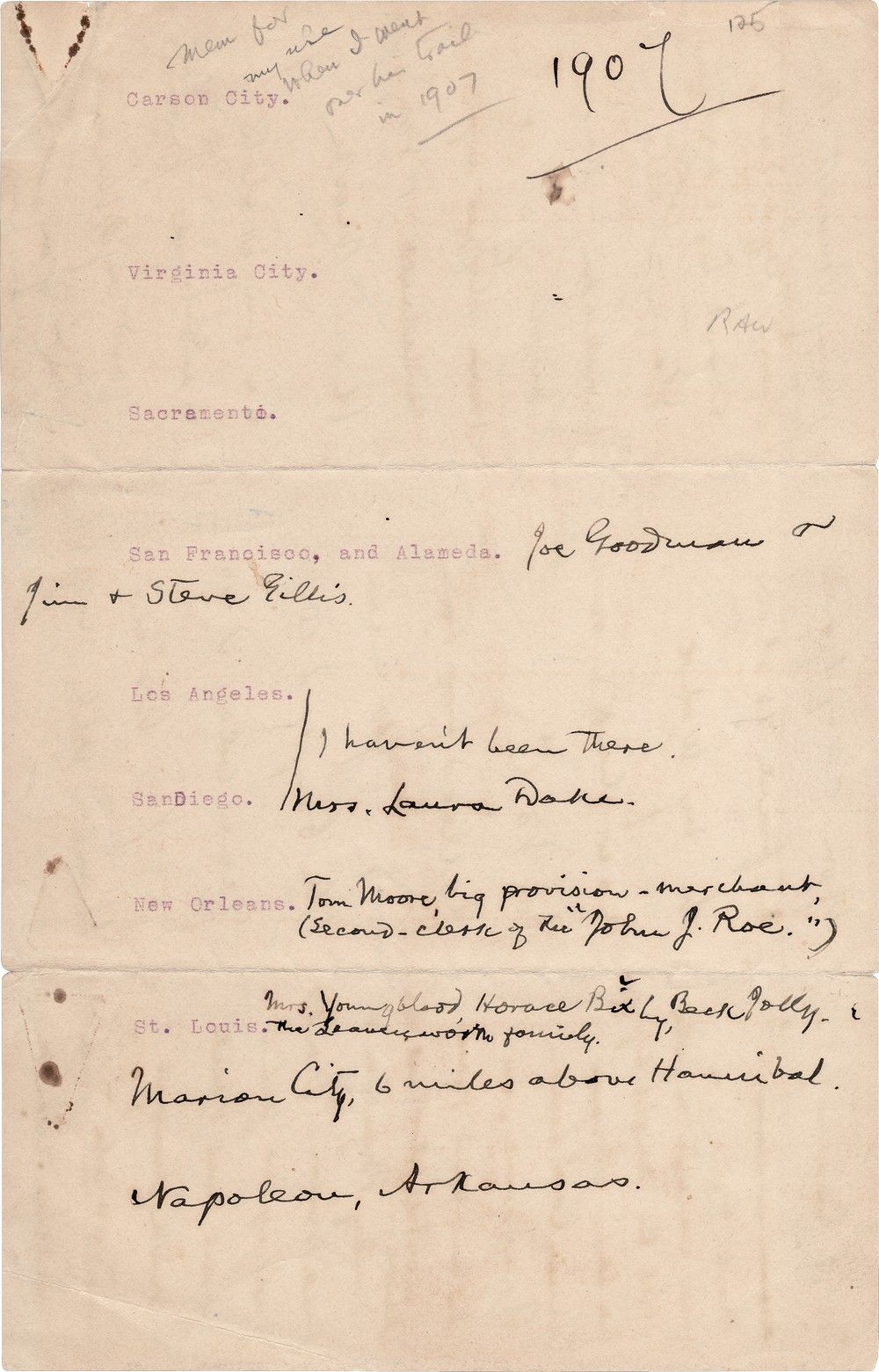 Mark Twain's Autograph Notes Regarding People, Places, and Recalling an Incident
