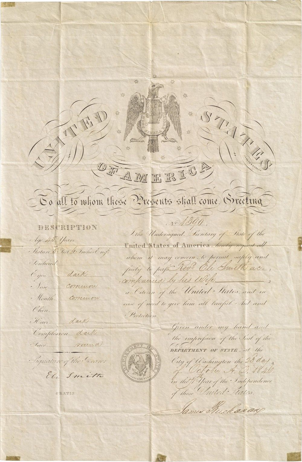 Passport for the Early Explorer of Jerusalem, the Reverend Eli Smith, Signed by James Buchanan