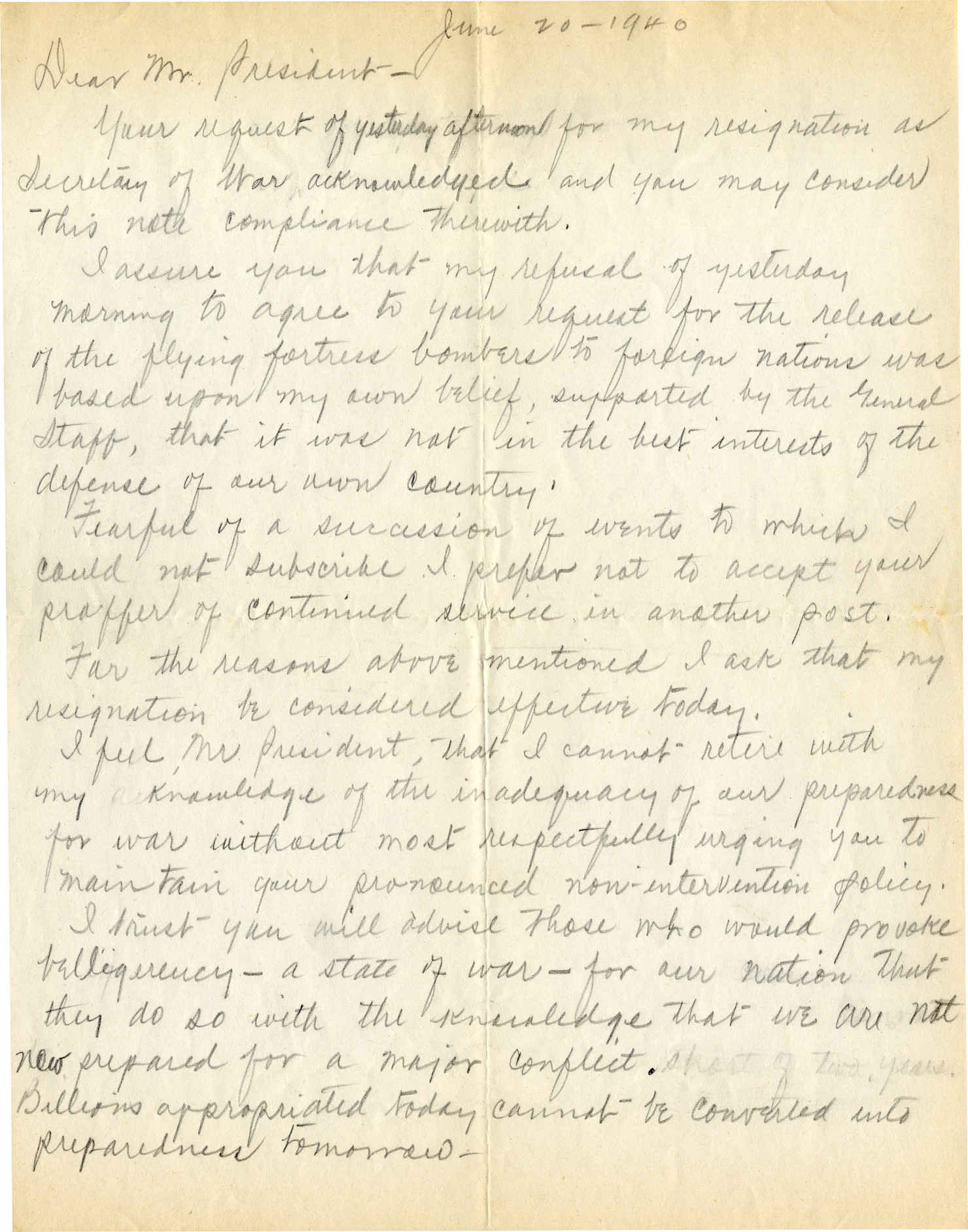 Secretary of War Woodring's Handwritten Draft of His Controversial Resignation Letter to FDR