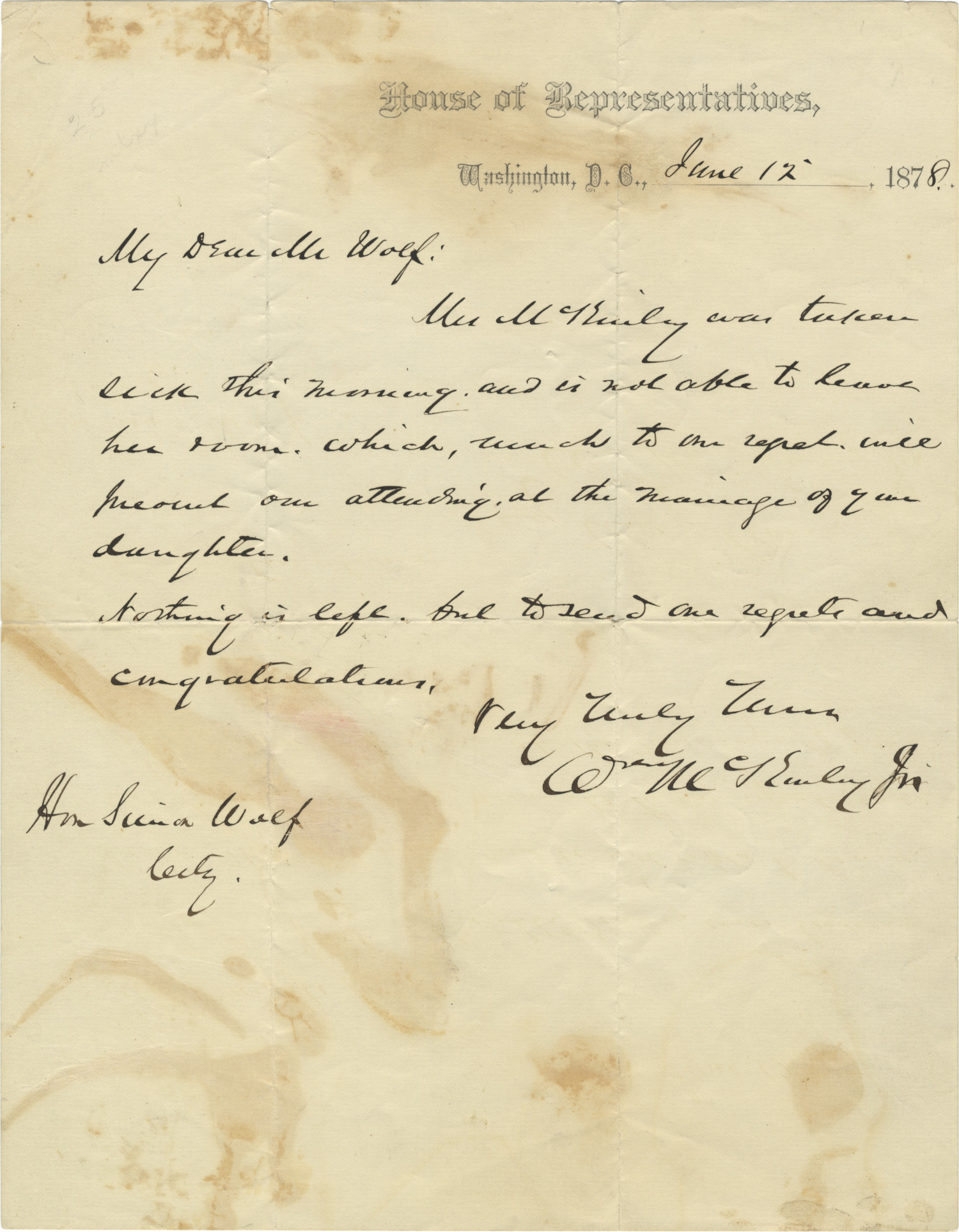 Young Congressman McKinley Regrets He is Unable to Attend Wedding of Simon Wolf’s Daughter: Mrs. McKinley Is Ill