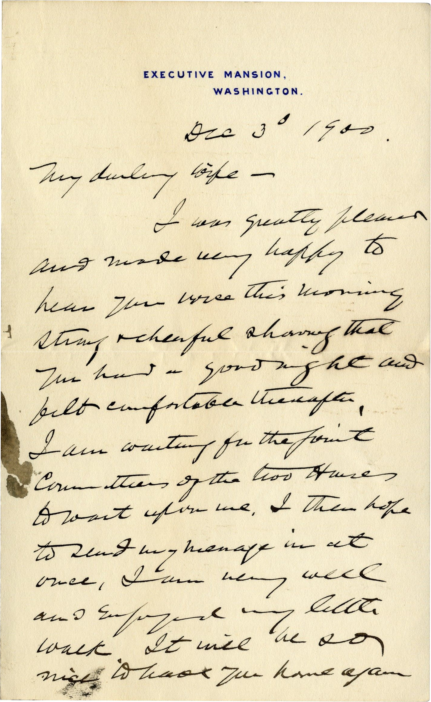 President McKinley Writes to His Wife of His Devotion, His Annual Message to Congress, and the Gala Dinner Celebrating the Paris Exposition of 1900