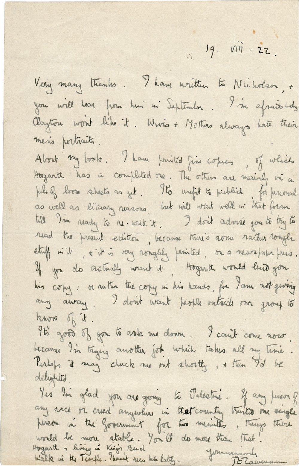 T.E. Lawrence of Arabia on Palestine | Shapell Manuscript Foundation