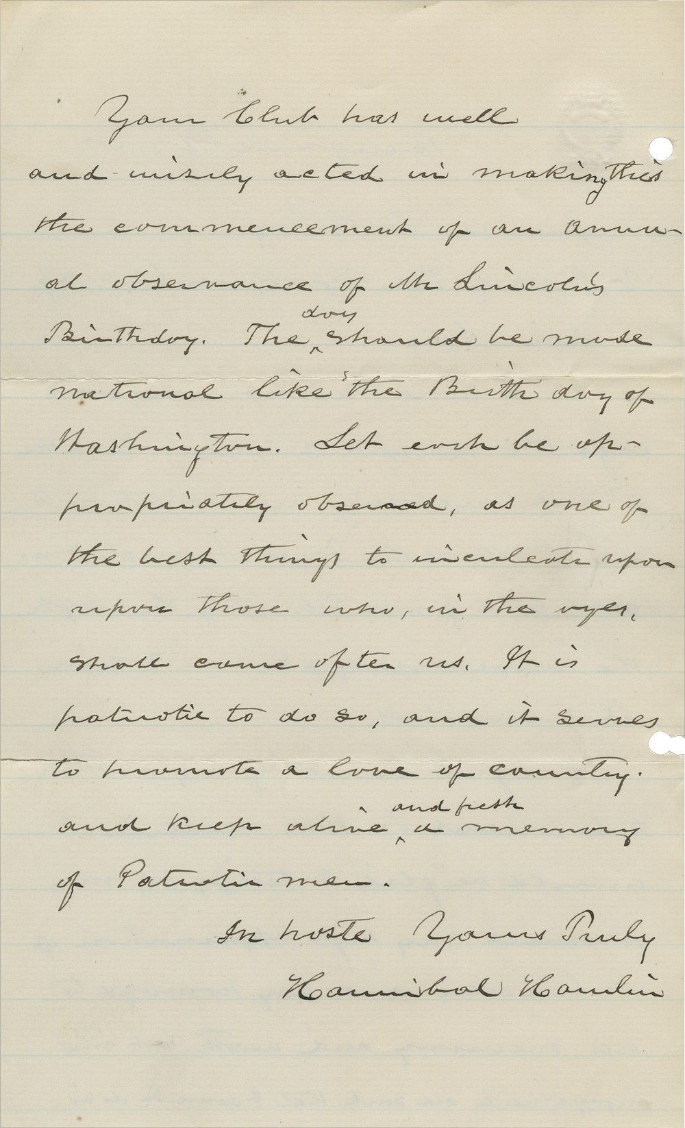 Hannibal Hamlin Proposes Abraham Lincoln’s Birthday a National Day of ...