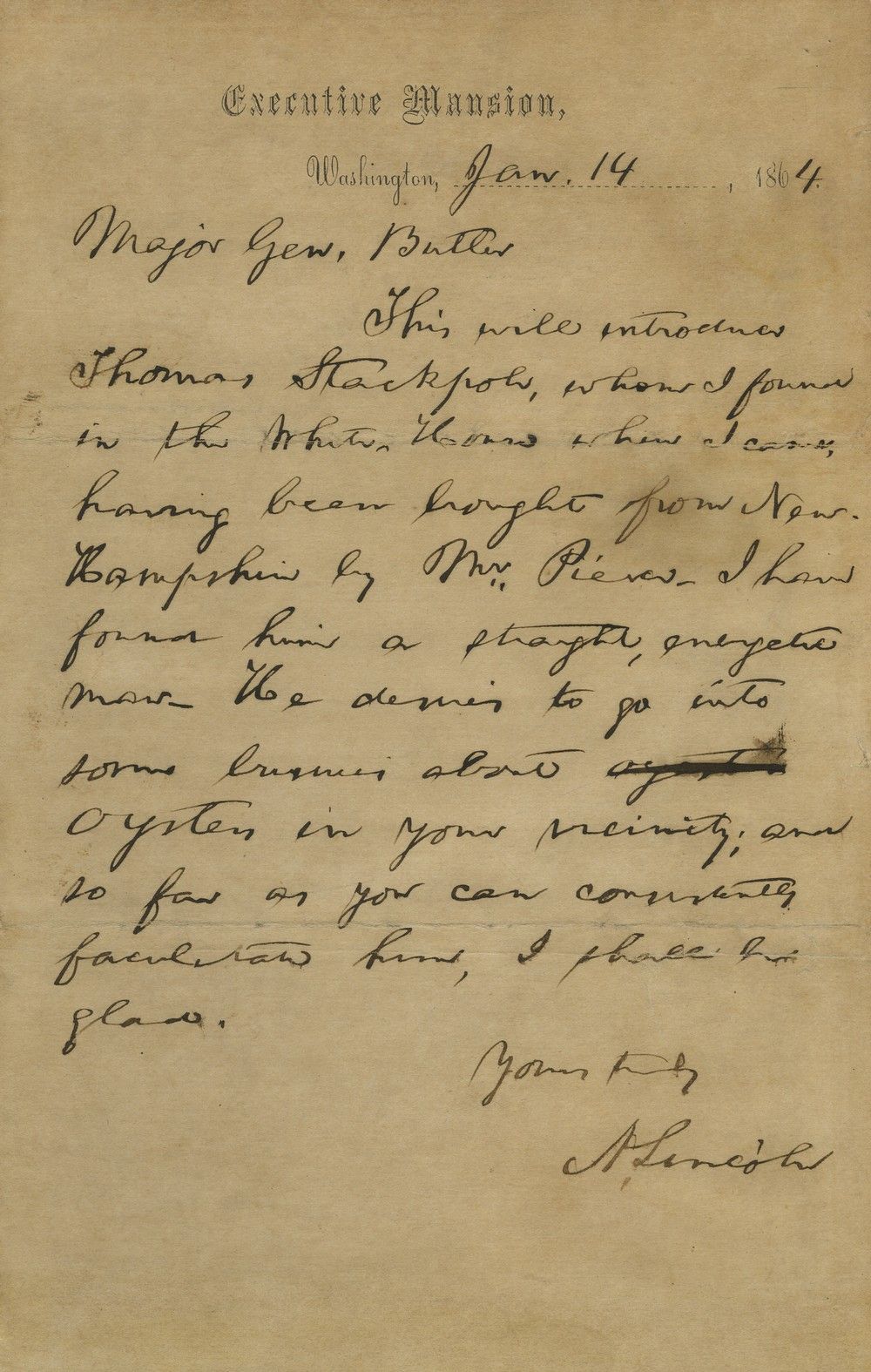 Abraham Lincoln Recommends Franklin Pierce's Thomas Stackpole to ...