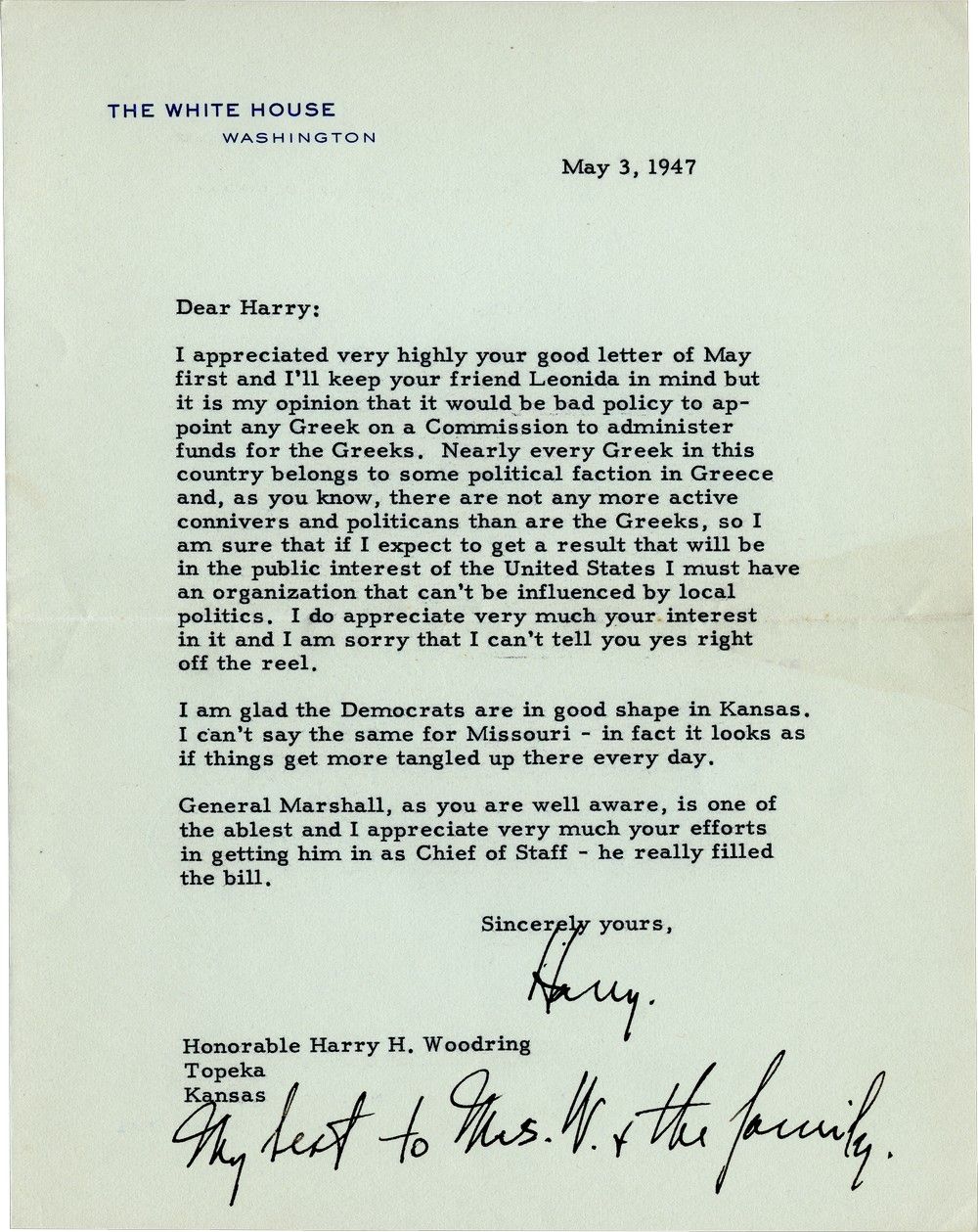Truman Letters Letter Written by President Truman Sheds Light on Greeks & Truman Doctrine