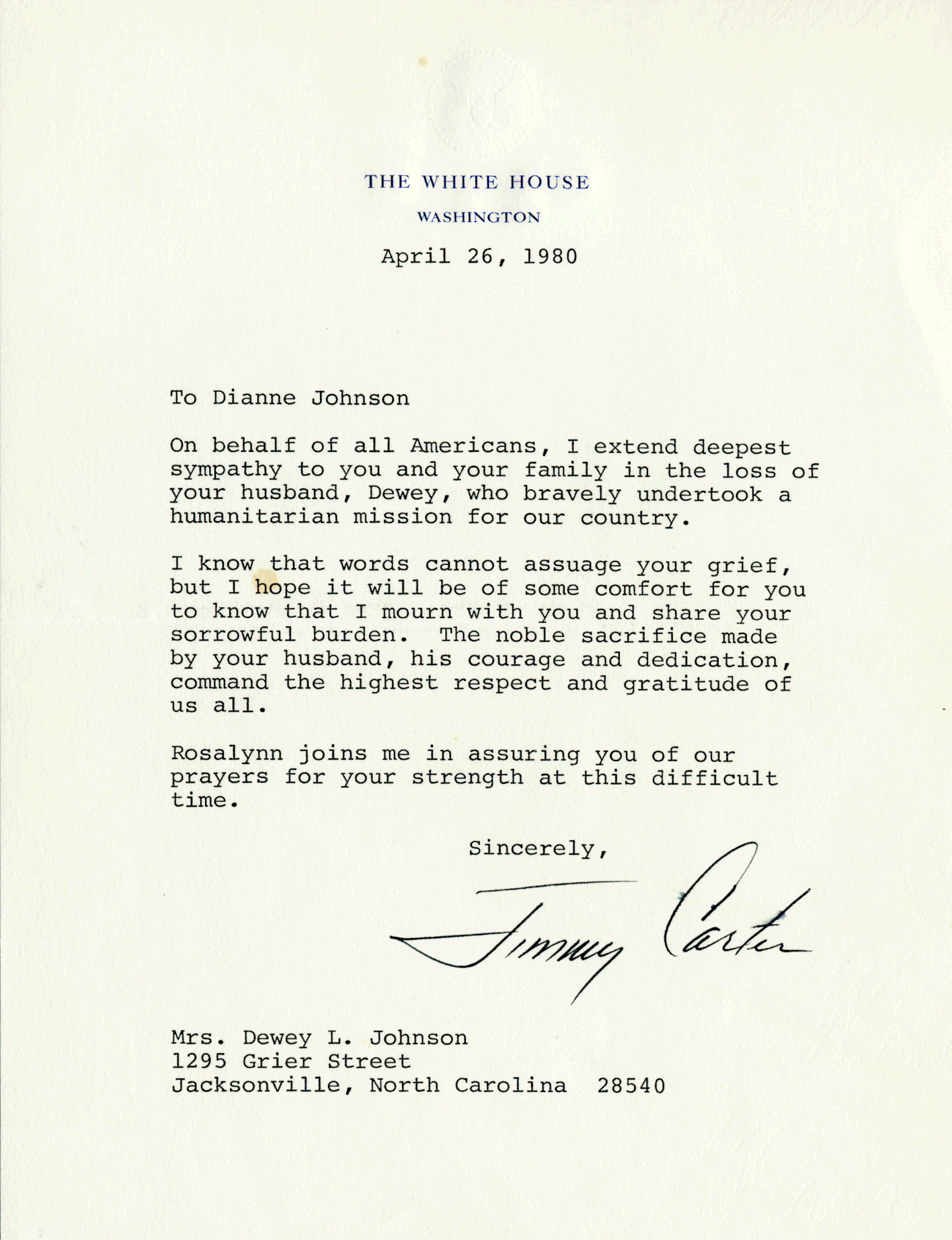 Jimmy Carter Iran Hostage Crisis Condolence Letter