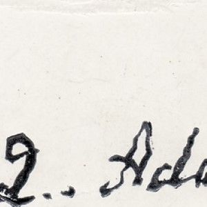 John Quincy Adams Signs a Card Depicting William Henry Harrison's (Alleged) Log Cabin Birthplace